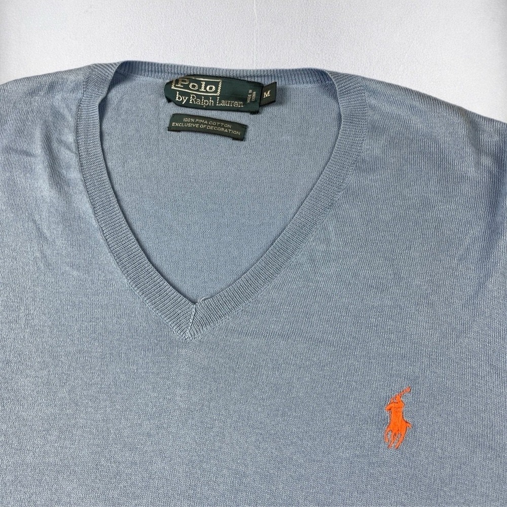 Polo Ralph Lauren Sweater Mens Medium Blue Pima Cotton V-Neck Orange Pony Logo